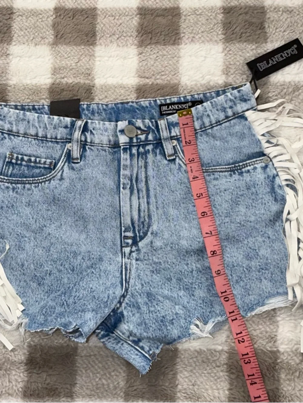Blank NYC Light Blue Acid-Wash Denim Cutoff Shorts with Fringe - Picture 8 of 9